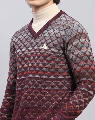 Monte Carlo Mens Wine Self Design V Neck Full Sleeve Pullover (1243195VN-2-44)