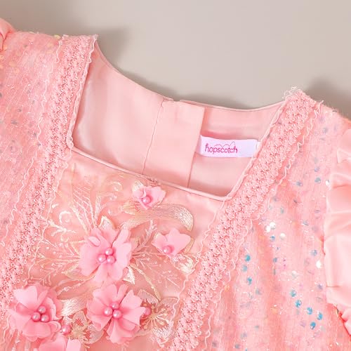 Hopscotch Girls Floral Embroidered Party Dress in Peach Color for Age (6-8 Years)