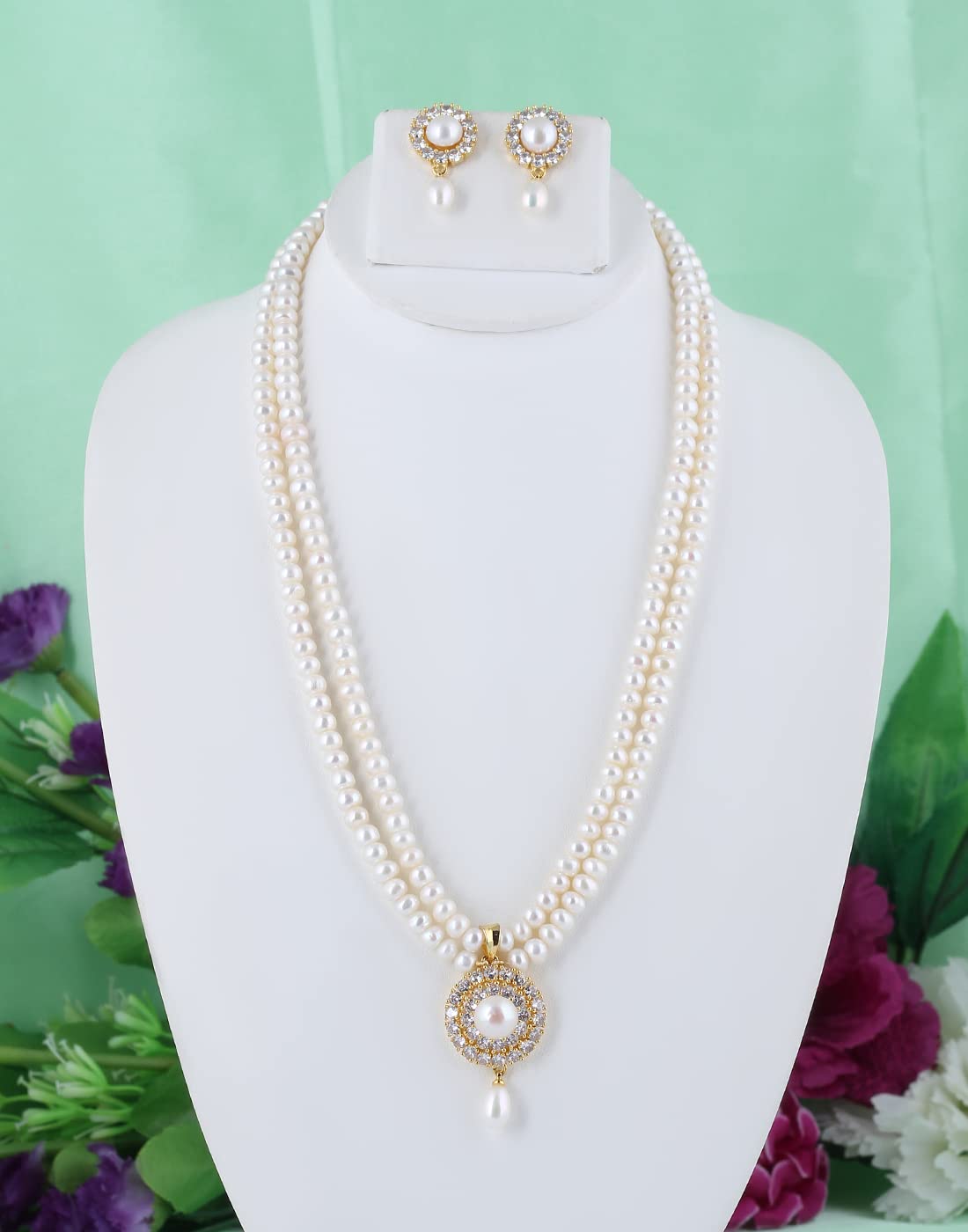 Real Natural Fresh Water Pearls Set With Certificate For Girls Women (Double String)