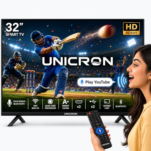 UNICRON 32 Inch Frameless Smart LED TV | Voice Control Android Smart TV | Bluetooth, WiFi, Screen Mirroring | HD Ready Display | HDMI, USB Connectivity | Smart Television for Home | Premium Glass