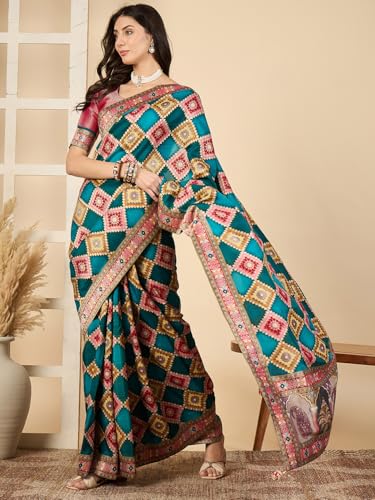 AKHILAM Women's Light Blue Viscose Silk Ethnic Motif Printed Saree With Unstitched Blouse Piece (MSTANI175B_HS)