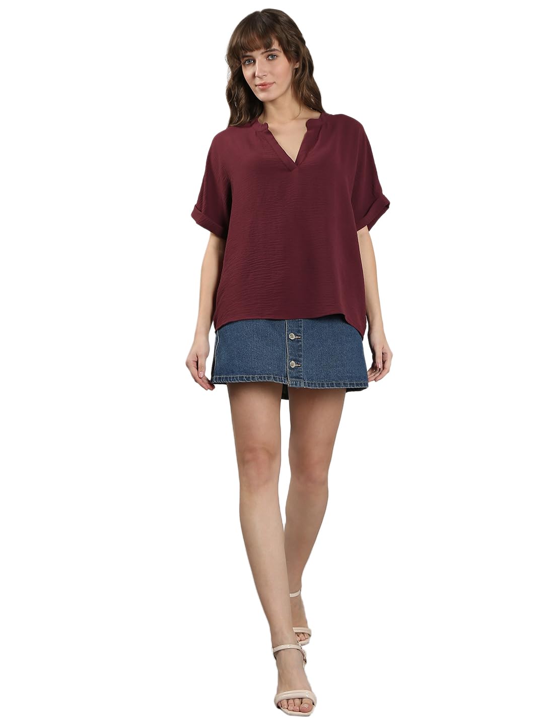 VERO MODA Women's Polyester Regular Fit Maroon Top