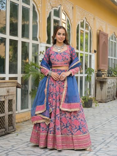 Divena Blue Printed Cotton Lehenga with Choli and Dupatta