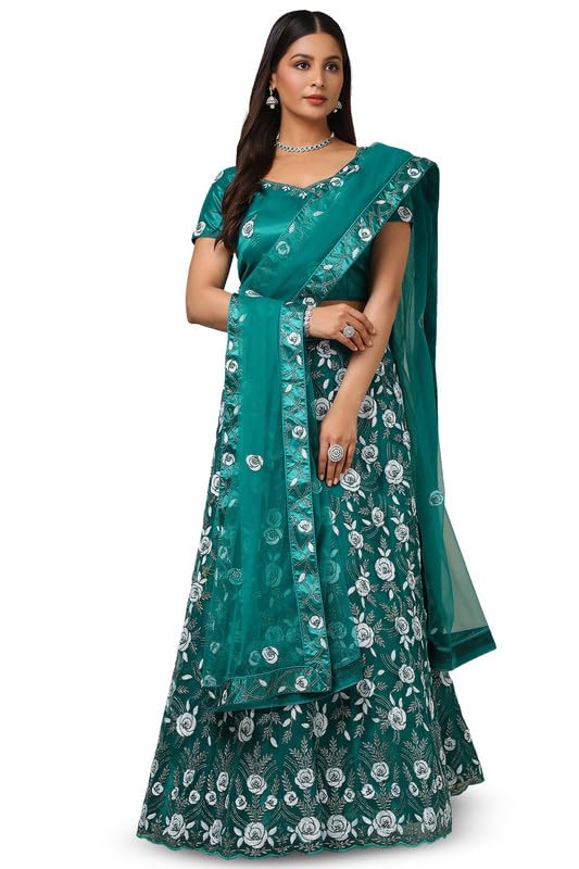 Soch Womens Teal Net Embellished Unstitch Ghagra Choli With Sequins