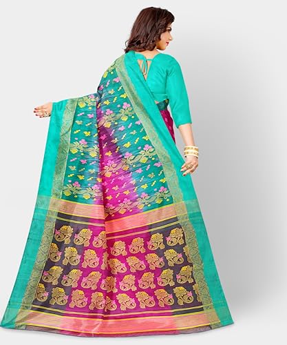 Mayabi Women's Bengali Tant Banarasi Saree with Zari Work and without Blouse Piece - Rani Pink