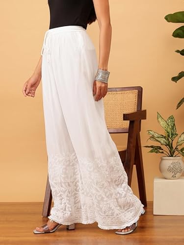 Ada Hand Embroidered Lucknow Chikankari Viscose Loose Fit Palazzo Pant Culottes for Women A711190 White (XS)