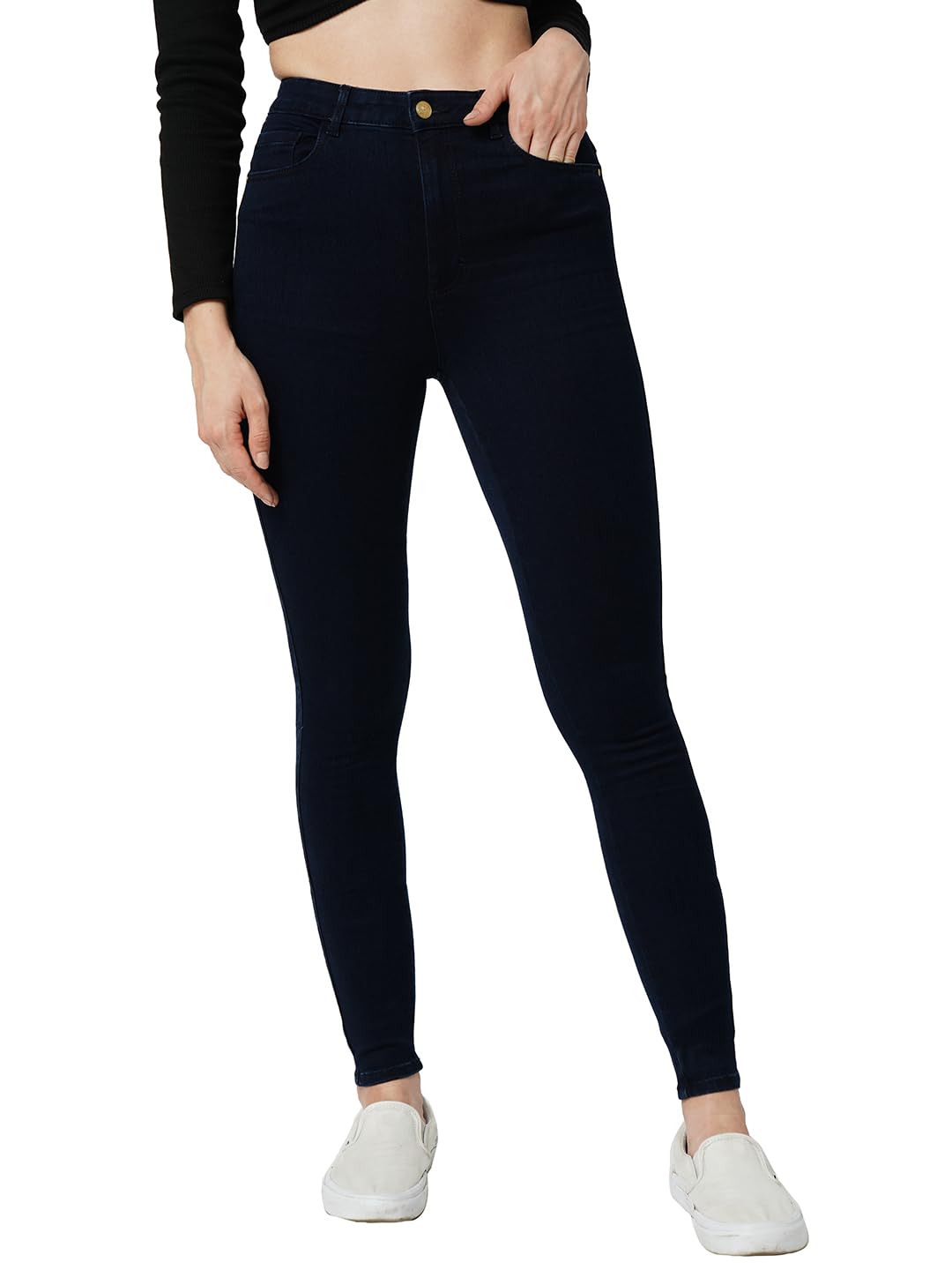 ONLY Women Solid Cotton Blend Skinny Fit High Rise Regular Length Dark Blue Jeans
