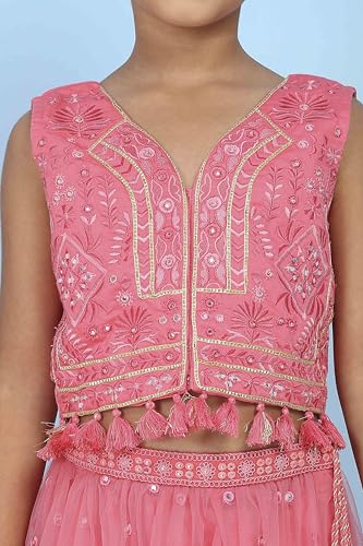 Biba Girls Pink Cotton Satin Solid Regular Lehenga Set_12-13Y
