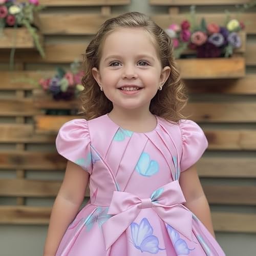 KIYOL Girls Puff Sleeve Butterfly Print Party Dress with Bow Design | Round Neck Flared Fit Kids Frock for Birthday, Wedding & Special Occasions -Pink Butterfly 5-6Y