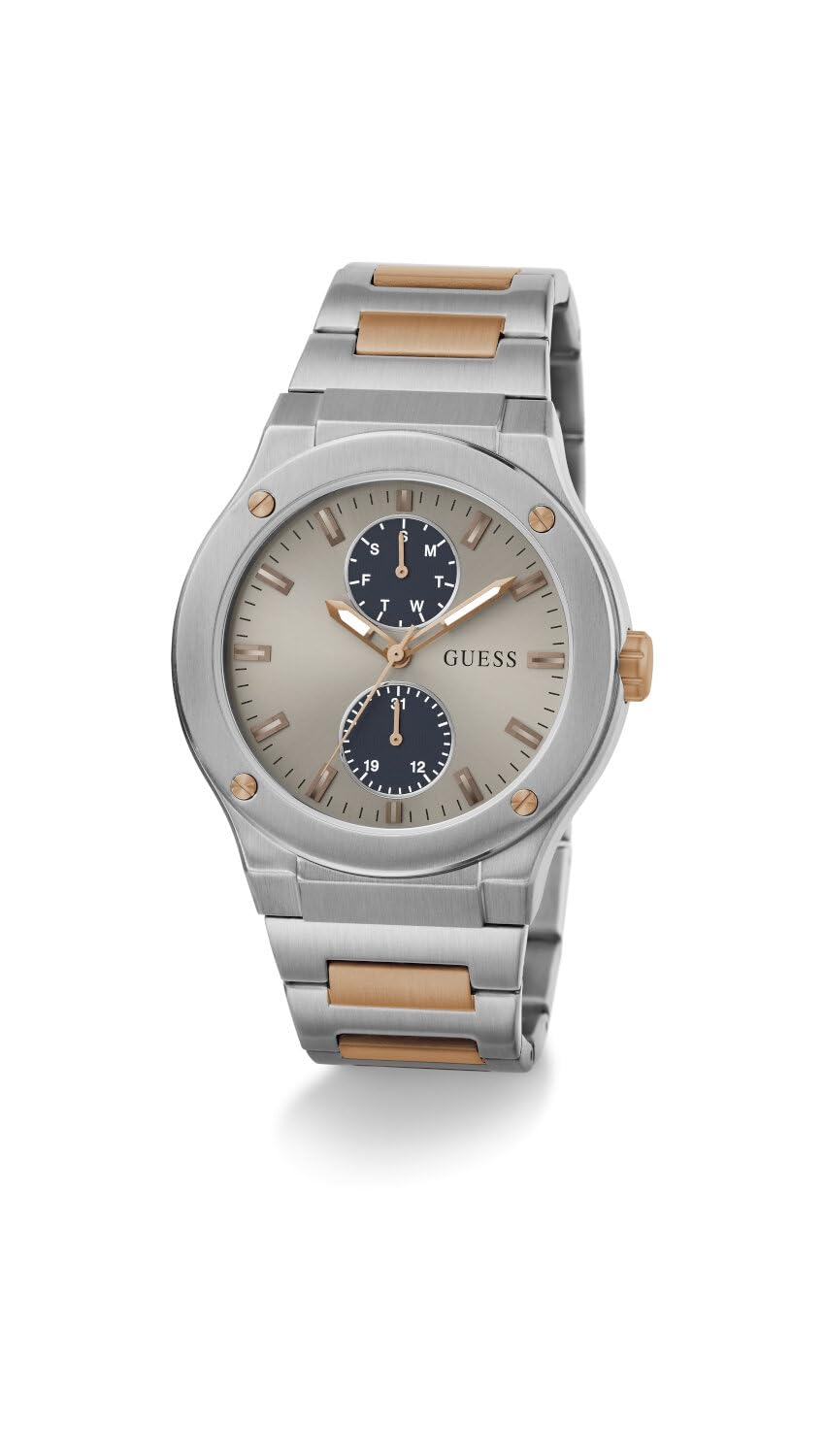 GUESS Stainless Steel Analog Grey Dial Men's Watch-Gw0795G2, Band_ Silver, Dial_ Beige