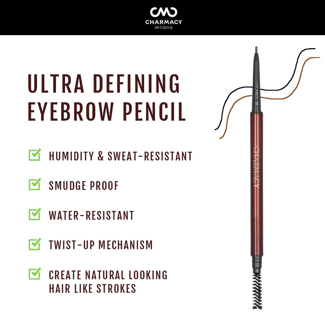 Charmacy Milano Ultra Defining Eyebrow Pencil (Dark Brunette) - 0.1G, Natural Brows, Built in Spoolie Brush, Dual Function, Sweat Resistant, Eyebrow Expert, Vegan, Cruelty Free, Non-Toxic
