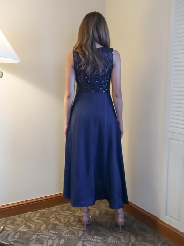 Zink ondon Women's Navy Blue Sequinned Fit & Flared Maxi Dress