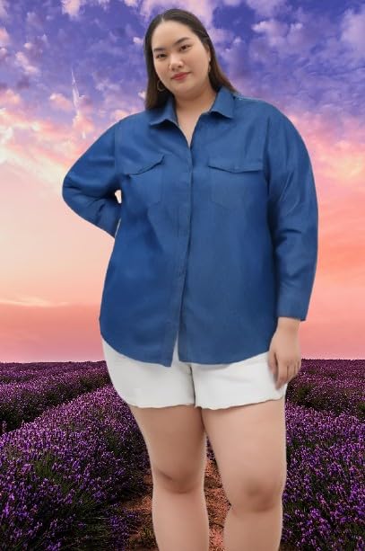 Women's Blue Button-Down Shirt, Long Sleeve, Chest Pockets, Plus Size Shirt for Women & Girls (in, Alpha, XL)