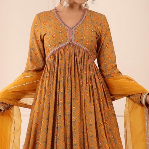 Peachmode Mustard Patola Printed Muslin Gown with Dupatta Dress for Women, Party, Haldi, Engagement