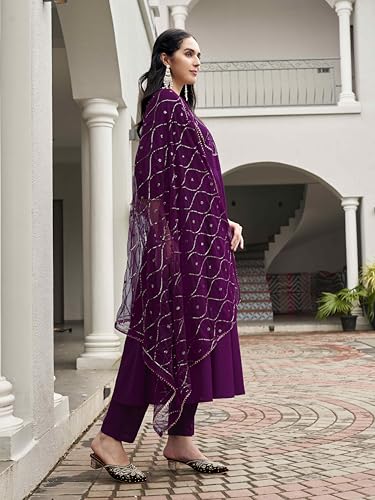 Womanista Women's Wine Color Pure Cotton Sequinns Embroidered Flared Kurta set(Kurtaset_1368_L)
