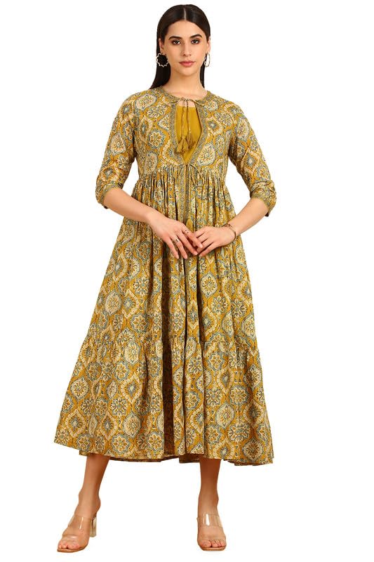 Soch Womens Mustard Tiered Cotton Dress with Jacket