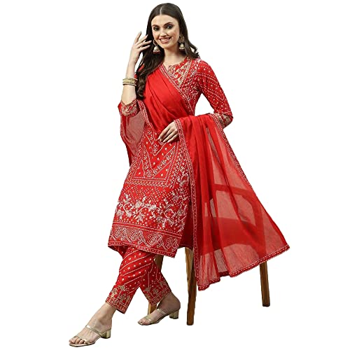 BIBA WOMEN PRINTED NARROW SALWAR KURTA DUPATTA(SKDDURGOTSA8251_RED_32)