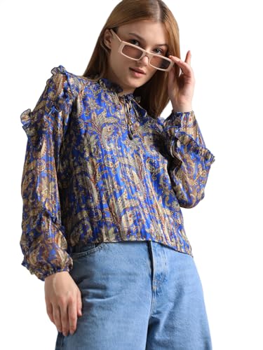 ONLY Women Printed Cotton Regular Fit Blue Top