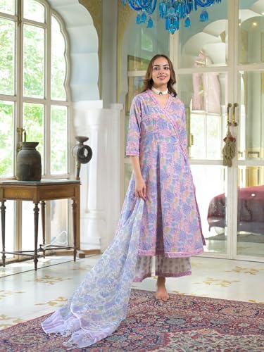 Divena Pink Cotton Block Print Angarakha Kurta Pant with Dupatta