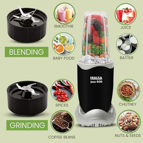INALSA Blender Mixer Grinder|5 Jar & 600 W Copper Motor| Blenders for Smoothies and Juices| Smoothie Maker Blender|Nutri Blender |3 Blades Including Froth Blade|2Yr Warranty,Jazz 600