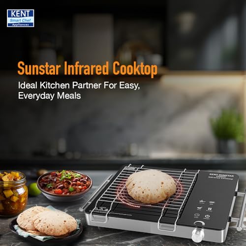 KENT Sunstar Infrared Cooktop 2000W | 3 Preset Menus | Grill Stand to BBQ & Roast | Microcrystalline Glass | Digital Functions with LED Display | Adjustable Temperature Knob | SS Handle |Auto Cut-Off