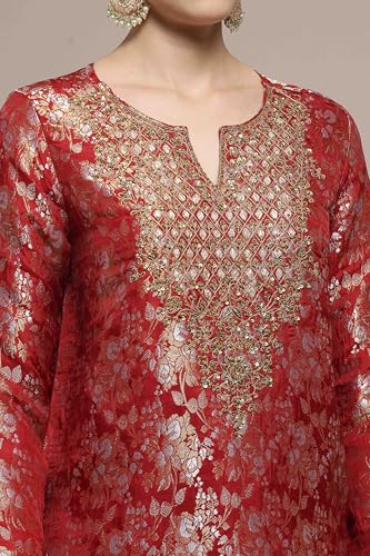 Biba Women Red Viscose Rayon Straight Yarndyed Suit Set_38