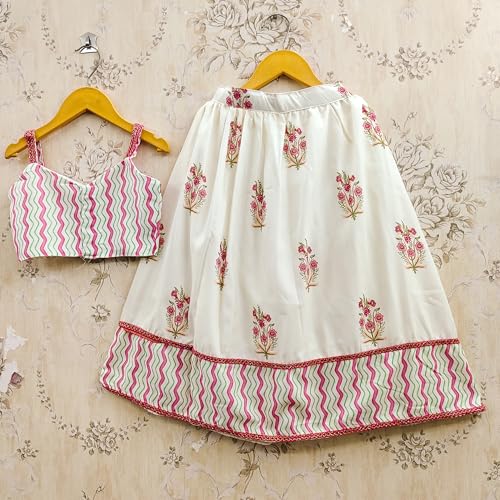 Q-one Store Girls Ethnic Lehenga Choli Set | Printed Rayon Blouse with Lace Border Skirt | Traditional Outfit for Children (2-3 Years)