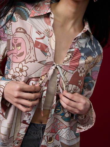 The Souled Store Japanese Art: Women and Girls Full Sleeves Collared Beige Conversational Printed Viscose Nylon Blend Regular Fit Lightweight Winter-Ready Tie-Up Shirt