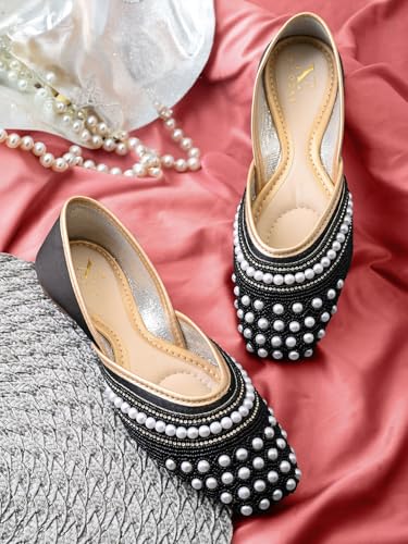 XE Looks Women’s Pearl Embellished Ethnic Juttis with Beaded Detailing | Soft Cushioned Insole | Lightweight Slip-On Traditional Flats for Girls & Women Black