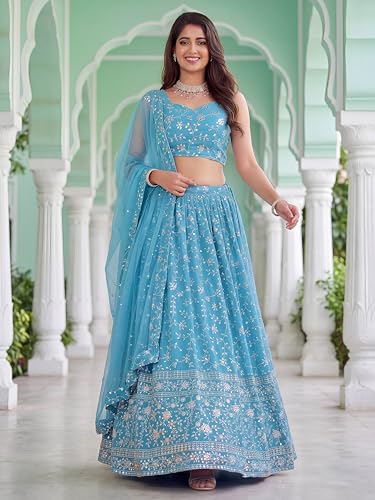 Zeel Clothing Women's Zari and Sequins Embroidered Georgette Lehenga Choli With Dupatta (5058-SkyBlue-Women-Latest-Lehenga-Choli, Free size)