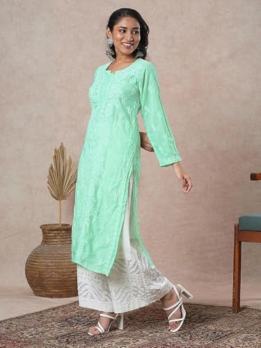 Ada Hand Embroidered Lucknowi Chikankari Cotton Straight Kurta Kurti for Women A411684 Green (2XL)