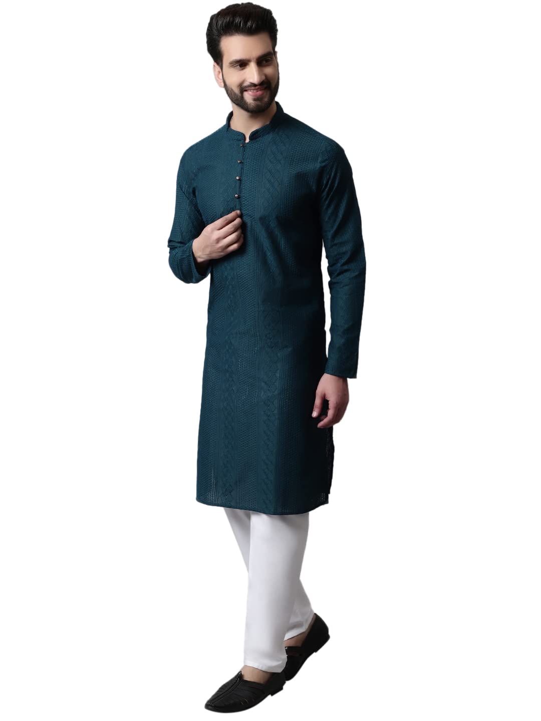 Jompers Men Teal Blue Embroidered Pure Cotton Kurta with Pyjamas (Teal, L)