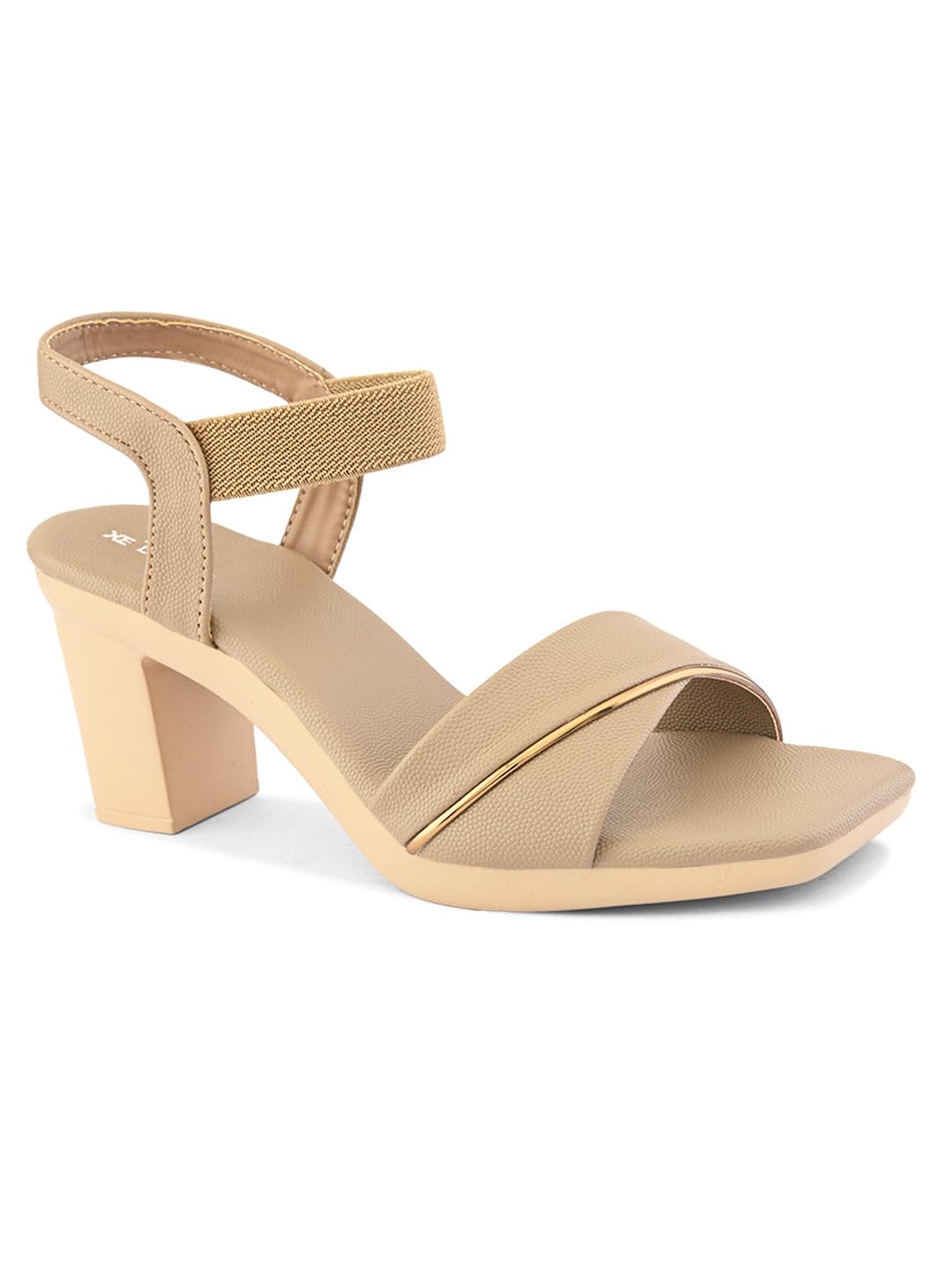 XE Looks Beige Wide Front Strap with Gold Accent | Stylish Textured Finish | Cushioned Footbed | Block Heel Sandal For Girl & Women