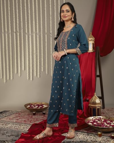 Varanga Women Teal Embroidered Straight Kurta Paired With Tonal Bottom And Printed Dupatta.