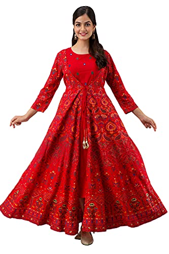 Jaipurite Women's Printed Maxi Anarkali Gown (X-Large) Red