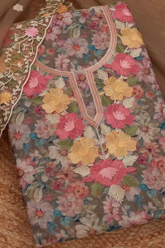 Soch Womens Olive Chanderi Floral Print Unstitched Dress Material With Thread Work