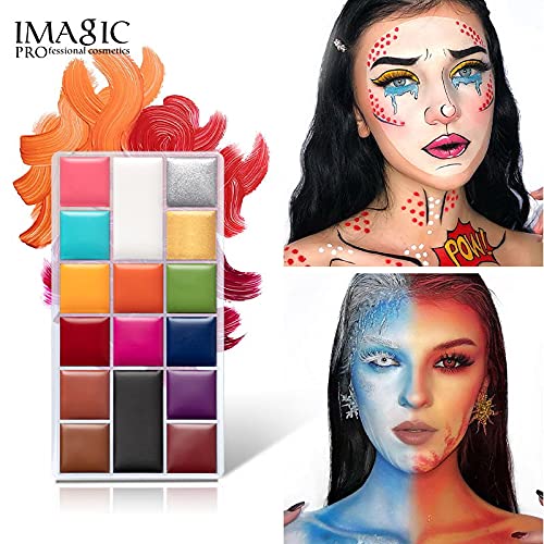 Beauty World Imagic Abstract Geometric 16 Color Face Paint Palette designed with a plastic transparent case. With safety ingredients, oil-based formula, creamy texture, and 16 pigmented and vibrant colors