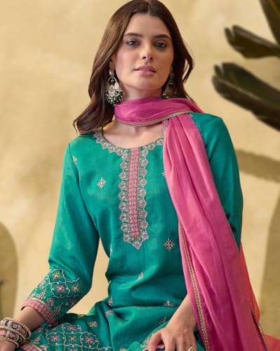SheWill Firoji Poly Chinon Zari Sequence Thread Embroidered Kurta With Sharara And Dupatta (SHEKS10335_ANANT_A)
