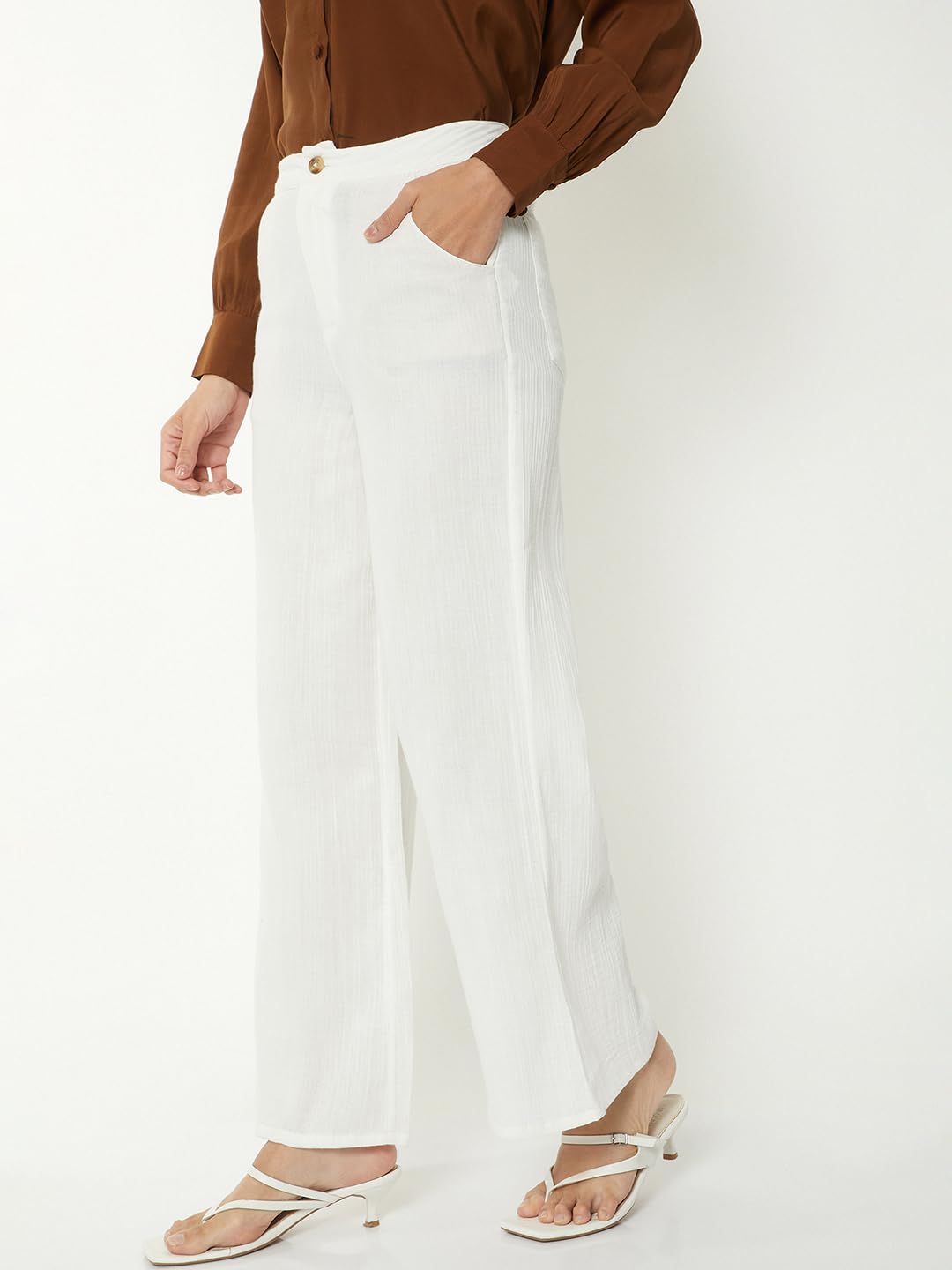 Max Women Textured Wide Leg Trousers (Ivory_XS)