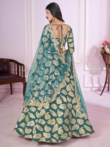 Zeel Clothing Women's Sequins Zari Embroidered Pure Georgette Semi Stitched Lehenga Choli With Dupatta (5120-Teal-Green-Wedding-Stylish-Lehenga-Choli-Latest; Free Size)