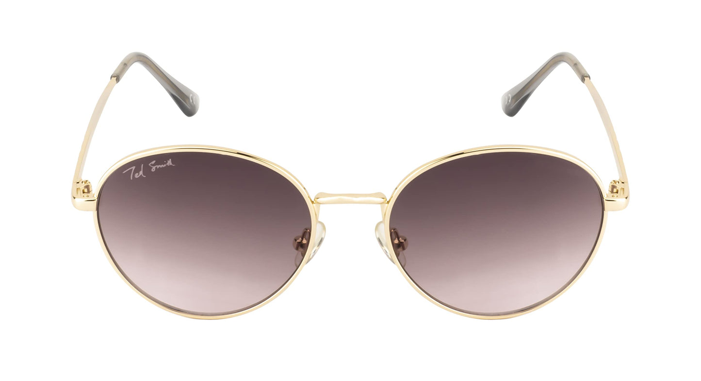 Ted Smith Men's Women's UV Protection Brown Pink Graded Lens Gold Round Sunglasses