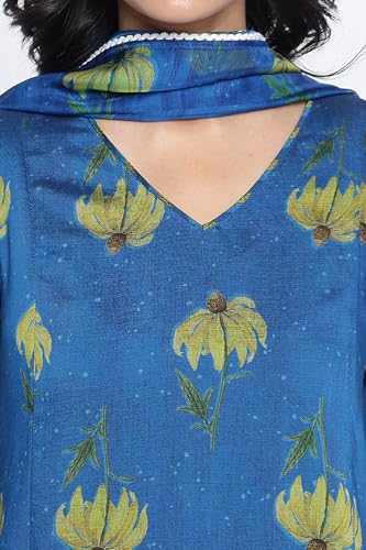 W for Woman Tropical Blue Printed Crepe Flared Kurta, Straight Pant and Dupatta Set (Size: 3XL)-WS12920-125885