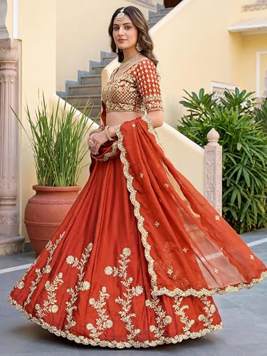 Zeel Clothing Women's Thread and Sequins Embroidered Work Silk Lehenga Choli With Dupatta (5135-Orange-Women-Lehenga-Choli-Latest; Free size) (Orange)