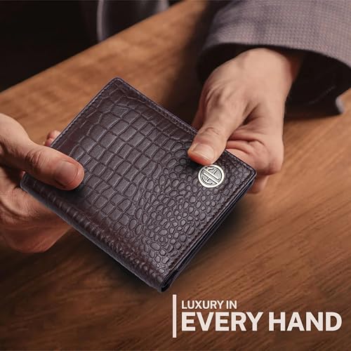 HAMMONDS FLYCATCHER Wallet for Men Leather Original, Mens Wallet, Leather Wallets for Men Stylish, Bi-Fold Wallets for Man, 3 Card Slots, 2 ID Slots, Coin Pocket, Gift for Mens - Croc Redwood Brown