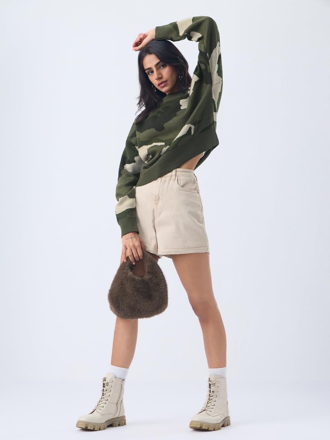 The Souled Store Aspire Women and Girls Full Sleeves Round Neck Multicolor Camouflage Printed Acrylic Oversized Fit Sweater