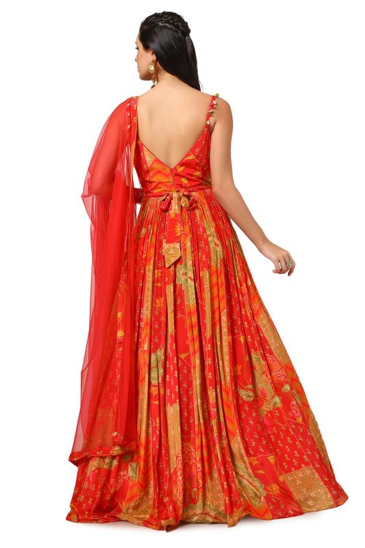 Soch Womens Red Crepe Floral Print Gown with Mirror Work