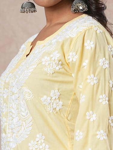 Ada Hand Embroidered Lucknowi Chikankari Cotton Kurta Kurti Tunic for Women A411696 Yellow (4XL)