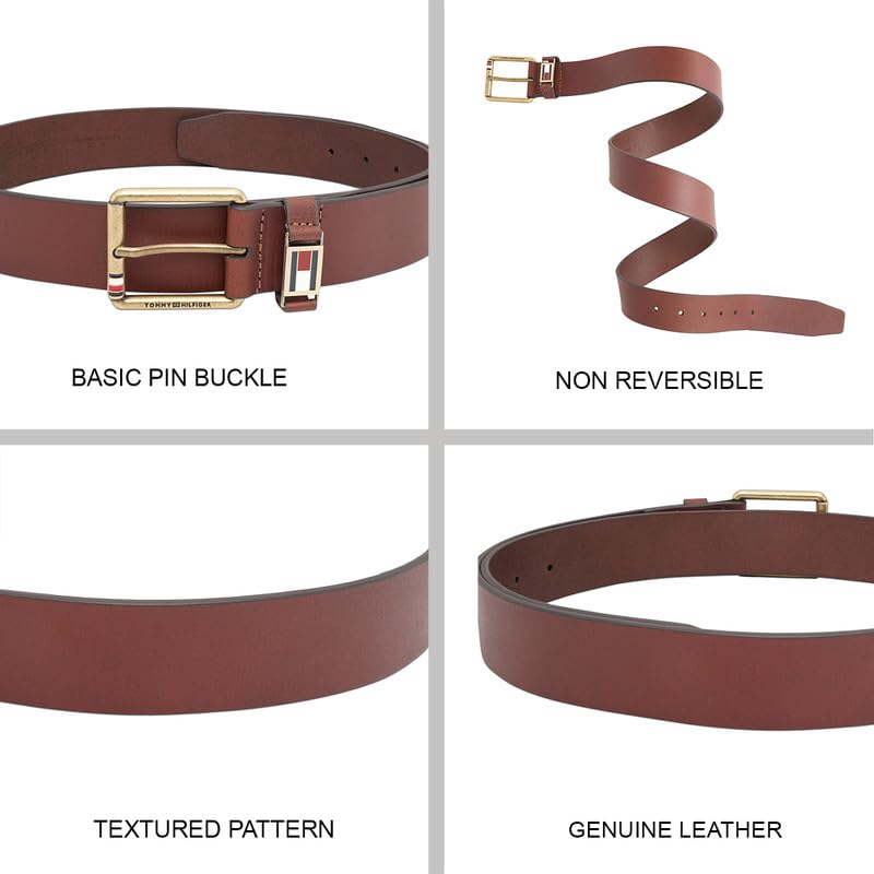 Tommy Hilfiger Men's Leather Belt Glace - Tan | Brushed Brass Buckle | Leather Belt For Any Occasion | Size - S (80Cm)
