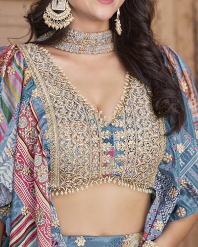 Zeel Clothing Women's Digital Print with Zari Dori Embroidery Work Chinnon Silk Lehenga Choli With Dupatta (7050-Women-Lehenga-Choli-New; Free size) (SkyBlue)