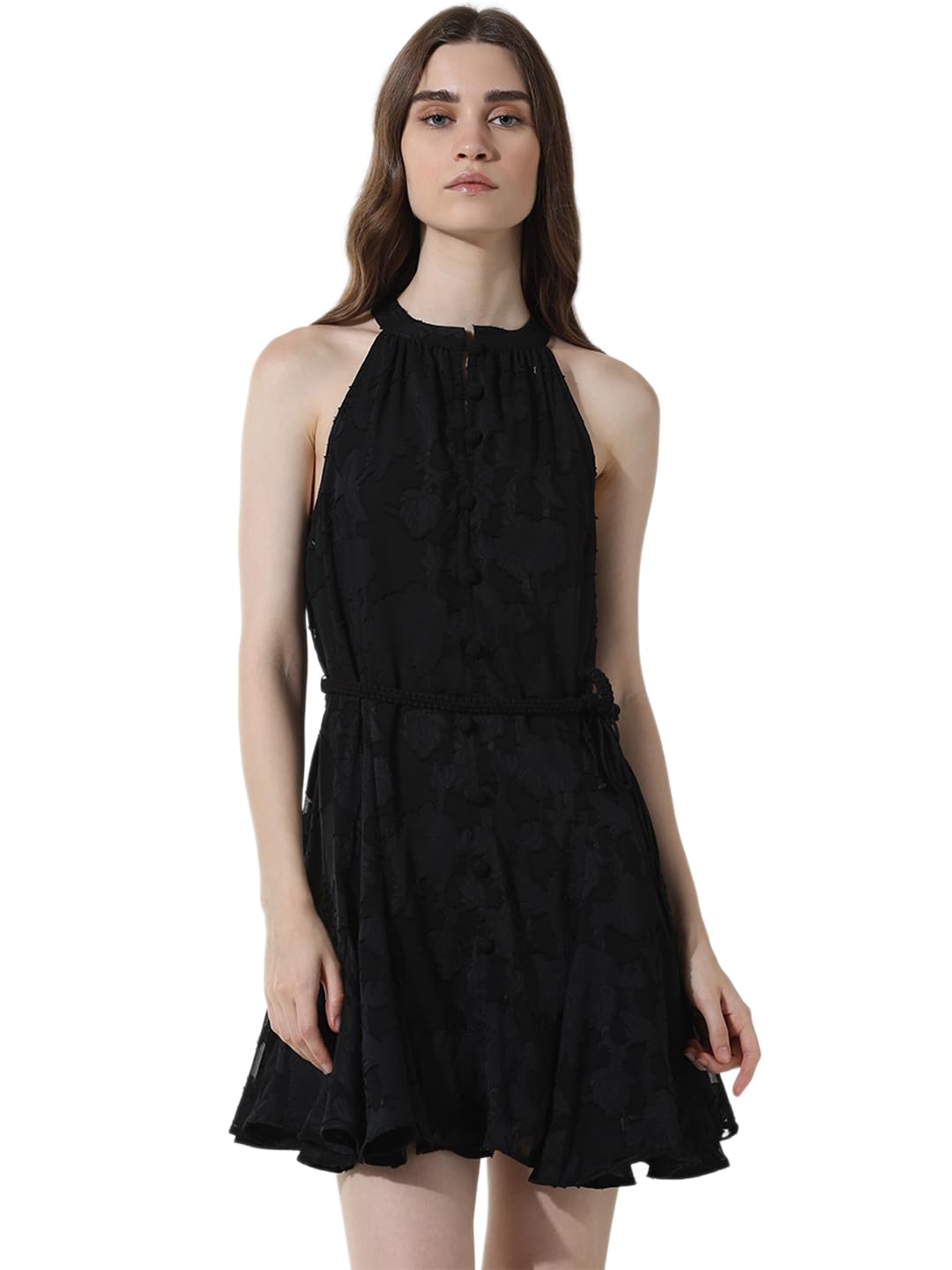 ONLY Women Self Design Polyester Above Knee Black A-line Dress